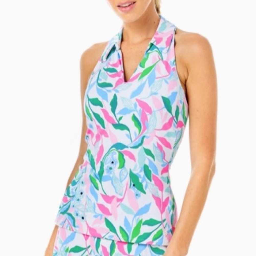 Lilly Pulitzer Lakelyn Bra Polo UPF 50+ Top resort white holding court L NWT